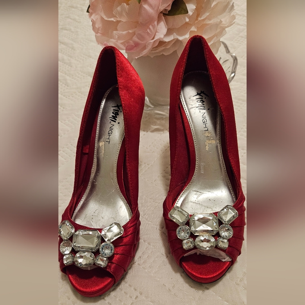 Fioni Night Stiletto Heels Women's Peep Toe Red Satin